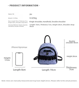 Tableau des tailles détaillé pour mini sac à dos violet avec dimensions et iPhone 16