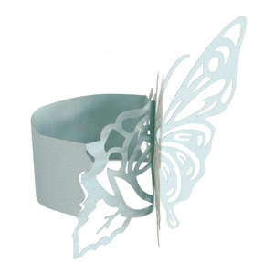 Detailed laser-cut hollow butterfly napkin ring made of light blue pearlescent paper