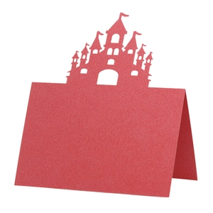 Laser-cut red castle table tent cards with shimmering pearl paper for wedding seating