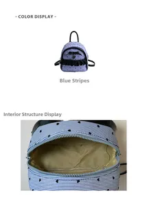 Détails de l'intérieur du mini sac à dos à rayures bleues et compartiment principal