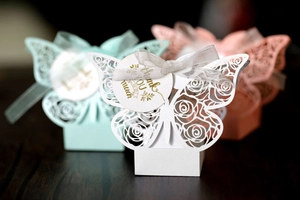 Detailed laser-cut butterfly gift box with rose patterns and Thank You tags in three colors