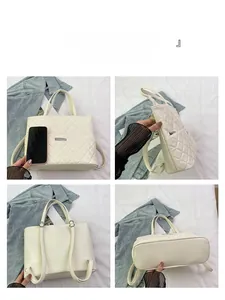 Detailed views of creamy beige quilted backpack and tote bag from multiple angles