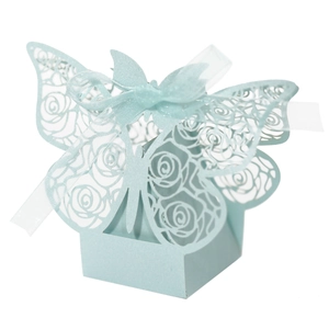 Detailed laser-cut butterfly gift box in light blue with floral patterns and ribbon