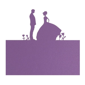 Intricate laser-cut purple paper place card featuring a romantic wedding couple silhouette
