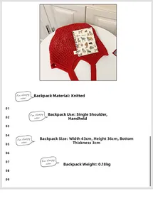 Détails du sac cabas en maille tissée rouge avec dimensions quarante-trois par trente-six cm