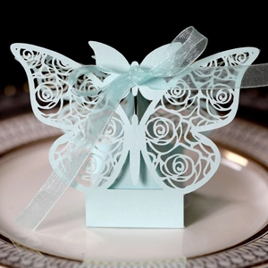 Detail view of mint green laser-cut butterfly gift box with delicate rose patterns