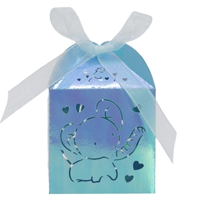 Iridescent hollow elephant gift box with laser-cut heart patterns and white ribbon bow