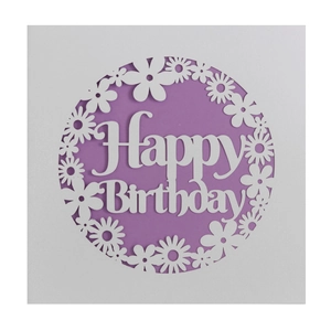 Laser-cut white daisy flower Happy Birthday card with elegant purple circular backdrop