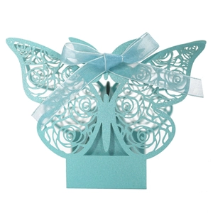 Laser cut light blue butterfly candy gift box with elegant ribbon for wedding party