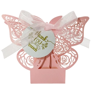 Pink laser-cut butterfly gift box with floral patterns, white ribbon and a thank you tag