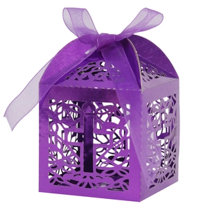 Detailed laser cut purple cross favor box with elegant organza ribbon for weddings
