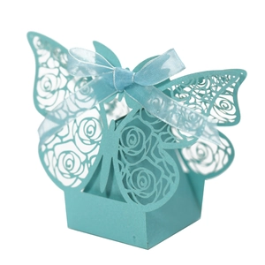Detailed laser-cut butterfly gift box in light blue with elegant rose hollow pattern