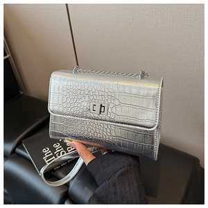 Detail of silver crocodile-patterned chain bag with metallic texture and turn-lock