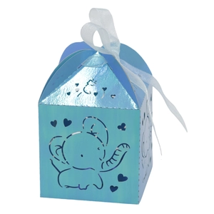 Detail of light blue elephant candy box with hollow heart pattern and white silk ribbon bow