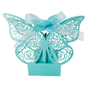 Laser cut butterfly gift box in bright cyan featuring intricate rose hollow patterns