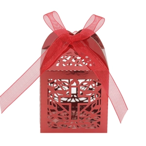 Detailed laser-cut hollow cross gift box in red with elegant ribbon and metallic finish