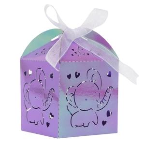 Detailed holographic laser cut elephant candy box with heart patterns and white ribbon