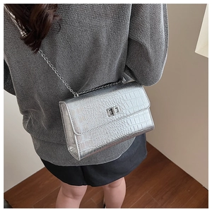 Detail showing the silver crocodile embossed chain shoulder bag worn on the side