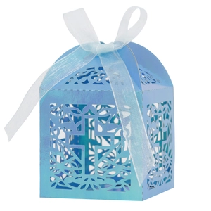 Blue laser-cut hollow cross candy box with white ribbon for wedding and party favors