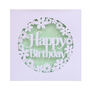 Detail of laser-cut 'Happy Birthday' greeting card with intricate floral patterns