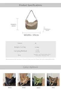 Detailed size chart and specifications for the minimalist large capacity pleated crossbody bag