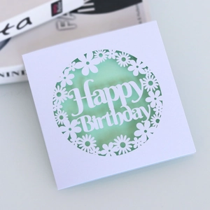 Macro shot of laser-cut white birthday card with floral design and Happy Birthday text
