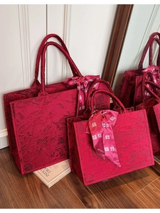 Vintage Jacquard Floral Tote Bag Red Wedding Handbag With Ribbon Bow Large Capacity Shoulder Bag For Women Daily Casual