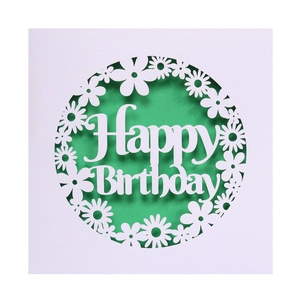 Detailed close-up of intricate laser-cut daisy patterns and Happy Birthday lettering on card