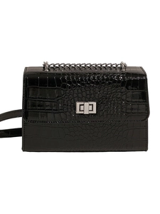 Classic black crocodile pattern shoulder bag with silver metal lock and chain strap