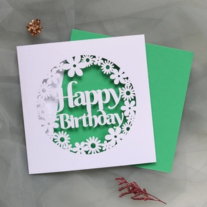 Detailed laser-cut birthday card with Happy Birthday wreath and green envelope