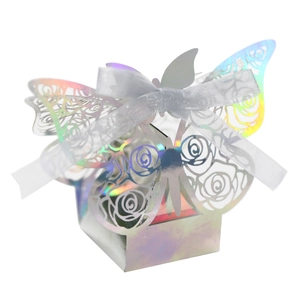 Detailed holographic laser-cut butterfly gift box featuring elegant floral hollow designs