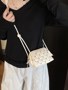 Korean Fashion Women Quilted PU Leather Rhinestone Crossbody Bag Small Shell Bag With Adjustable Knot Shoulder Strap