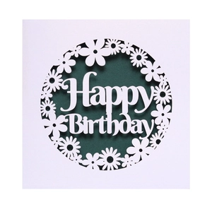 Macro view of laser-cut Happy Birthday card with white floral pattern and green background