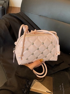 Pink quilted shell crossbody bag with sparkling rhinestones and chain strap for women