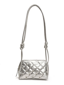 Silver quilted shell bag with sparkling diamonds and knot shoulder strap for women