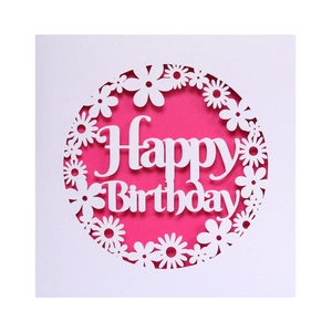 Laser-cut Happy Birthday card with intricate white daisy patterns and pink background