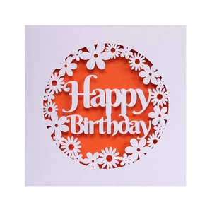 Detail of laser-cut Happy Birthday card with intricate white floral design and orange inlay