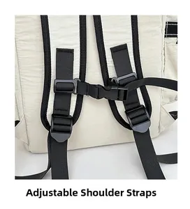 Detail of adjustable black shoulder straps and chest buckle on a travel backpack