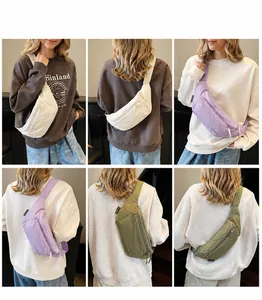 Detail view of multi-color minimalist chest bags in cream, lavender, and olive green