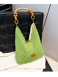 Bohemian Straw Woven Tote Bag For Women Large Capacity Hollow Out Knit Shoulder Bag With Wooden Beads Summer Beach Handbag