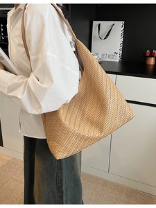 Women Large Capacity Woven Tote Bag Vintage PU Leather Hobo Shoulder Bag For Travel Vacation Commute Casual Handbag