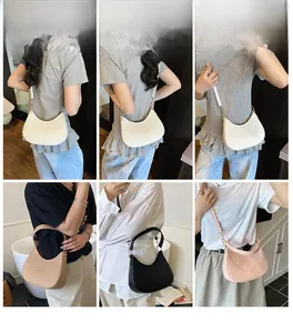 Collage of model wearing crescent underarm bags in white, beige, black, and pink colors