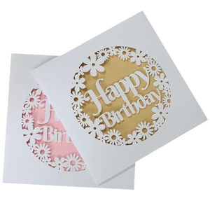 Laser-cut floral Happy Birthday greeting cards with hollow design and dual-color liners
