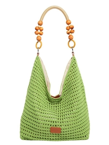 Green knit crochet tote bag with wooden bead handles and inner lining for women
