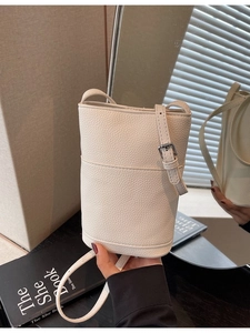 White pebble grain crossbody bucket bag for women with adjustable thin shoulder strap