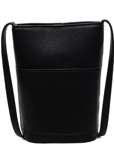 Minimalist black lychee pattern bucket bag with adjustable crossbody strap for women
