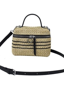 Sac bandoulière en paille tissée avec rayures noires et poignée en cuir pour l'été
