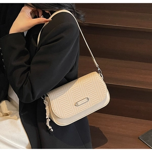 Détail d'un sac à main beige à texture tissée avec plaque en métal argenté et bandoulière