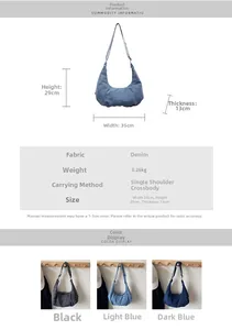 Detailed size chart and color options for large denim crescent shoulder handbag