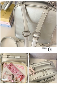Vue détaillée du sac à dos en similicuir argenté avec fenêtre transparente et sangles
